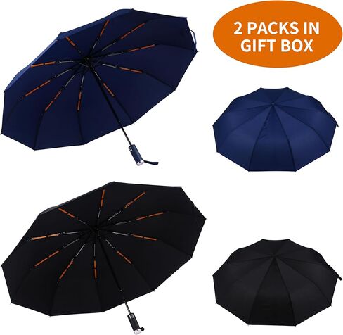 Bluinzi 2-Pack Double 10-Rib Portable Travel Umbrella - Windproof Strong Compact Auto Open & Close Umbrella for Rain Sun and Wind - Folding Small Umbrella for On-the-Go Car Backpack Pocket or Handbag in Kuwait