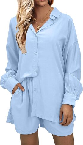 Ekouaer بيجامة نسائية مكونة من قطعتين طقم صالة متطابق كاجوال بأكمام طويلة وقميص وسروال قصير Pjs طقم ملابس نوم S-XXL in Kuwait