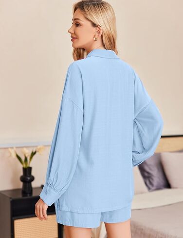 Ekouaer بيجامة نسائية مكونة من قطعتين طقم صالة متطابق كاجوال بأكمام طويلة وقميص وسروال قصير Pjs طقم ملابس نوم S-XXL in Kuwait