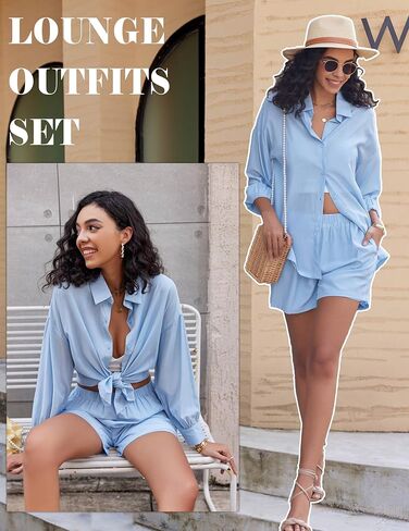 Ekouaer بيجامة نسائية مكونة من قطعتين طقم صالة متطابق كاجوال بأكمام طويلة وقميص وسروال قصير Pjs طقم ملابس نوم S-XXL in Kuwait