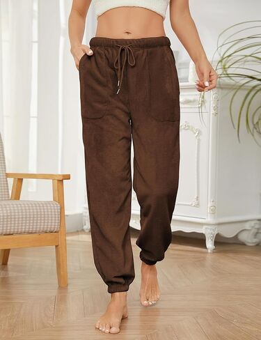 سراويل بيجامة نسائية من الصوف المرجاني من Faleave، سراويل طويلة مخملية دافئة ومريحة مع جيب in Kuwait