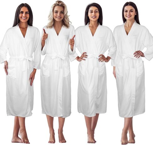 Newcotte 4 Pcs Women Bridesmaid White Bath Robe Sets Long Waffle Spa Bathrobes with Belt for Team Hotel Bachelorette Party in Saudi Arabia