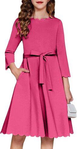 Arshiner Girls Party Dress Scallop Trim Belted A-Line Formal Midi Dresses with Pockets for 6-15Y in Kuwait