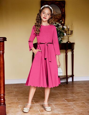 Arshiner Girls Party Dress Scallop Trim Belted A-Line Formal Midi Dresses with Pockets for 6-15Y in Kuwait