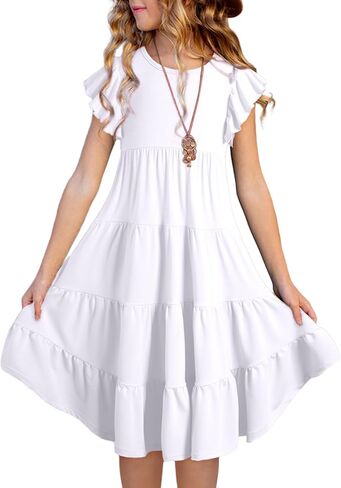 blibean Girl 2024 Summer Boho Sun Dress Ruffled Pockets Dresses Size 6-15 Years in Saudi Arabia