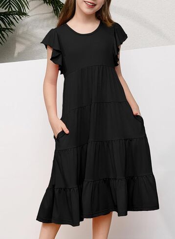 blibean Girl 2024 Summer Boho Sun Dress Ruffled Pockets Dresses Size 6-15 Years in Saudi Arabia
