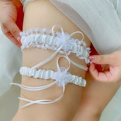 YELAIVP Women's Blue Lace Garter Belt Bridal Wedding with Pearl Prom Garter Satin Garters Set in Kuwait