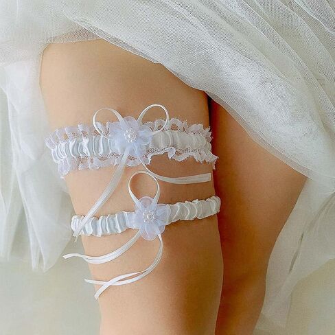 YELAIVP Women's Blue Lace Garter Belt Bridal Wedding with Pearl Prom Garter Satin Garters Set in Kuwait