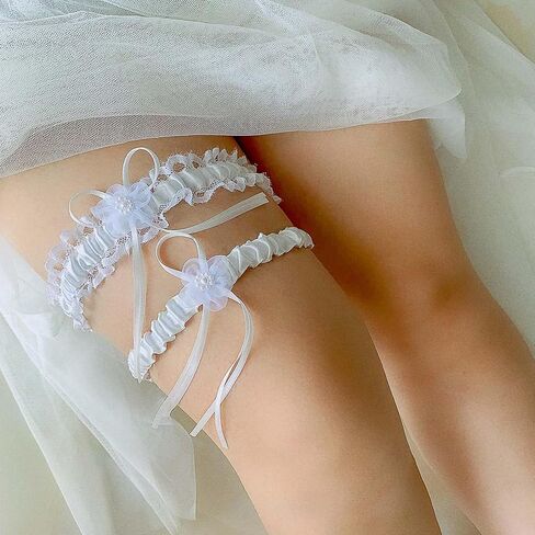 YELAIVP Women's Blue Lace Garter Belt Bridal Wedding with Pearl Prom Garter Satin Garters Set in Kuwait
