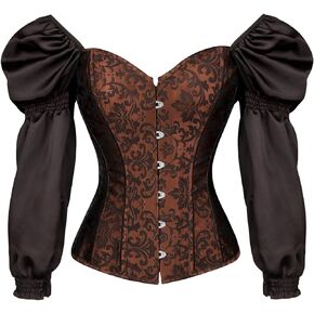 Charmian Women's Renaissance Victorian Brocade Long Sleeves Overbust Corset Top