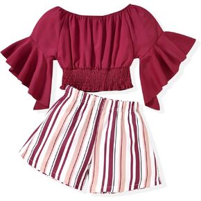 MINIFEIKO Girls 2 Piece Outfits Solid Off Shoulder Short Sleeve Elastic Tops and Striped Shorts Sets in Saudi Arabia