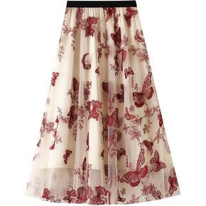 Lu's Chic Women's Tulle Midi Skirt Pleated Summer Floral Elastic Waist Tea-Length Layered Floral
