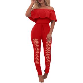 PRETTYGARDEN المرأة الصيف قبالة الكتف ثوب بودي كون السروال القصير كم كشكش الجوف خارج مثير ملابس النادي in Kuwait