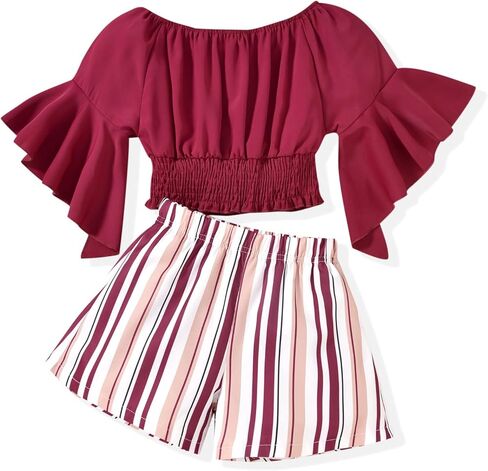 MINIFEIKO Girls 2 Piece Outfits Solid Off Shoulder Short Sleeve Elastic Tops and Striped Shorts Sets in Saudi Arabia