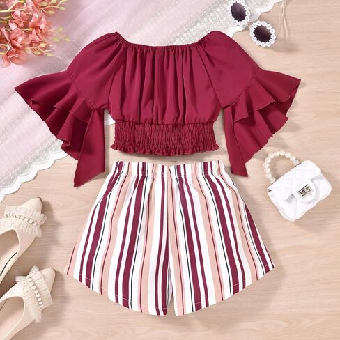 MINIFEIKO Girls 2 Piece Outfits Solid Off Shoulder Short Sleeve Elastic Tops and Striped Shorts Sets in Saudi Arabia