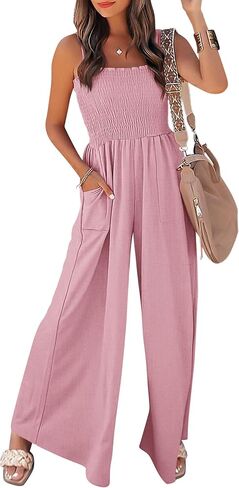 PRETTYGARDEN Women's Summer Jumpsuits Dressy Casual One Piece Outfits Linen Smocked Spaghetti Strap Pockets Wide Leg Rompers in Saudi Arabia