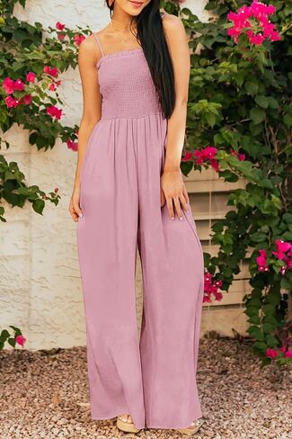 PRETTYGARDEN Women's Summer Jumpsuits Dressy Casual One Piece Outfits Linen Smocked Spaghetti Strap Pockets Wide Leg Rompers in Saudi Arabia