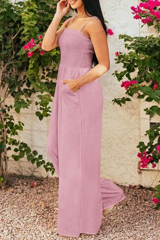 PRETTYGARDEN Women's Summer Jumpsuits Dressy Casual One Piece Outfits Linen Smocked Spaghetti Strap Pockets Wide Leg Rompers in Saudi Arabia
