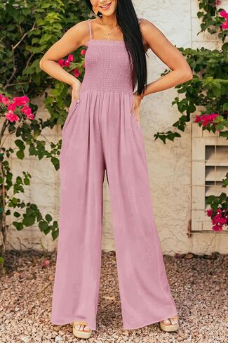 PRETTYGARDEN Women's Summer Jumpsuits Dressy Casual One Piece Outfits Linen Smocked Spaghetti Strap Pockets Wide Leg Rompers in Saudi Arabia