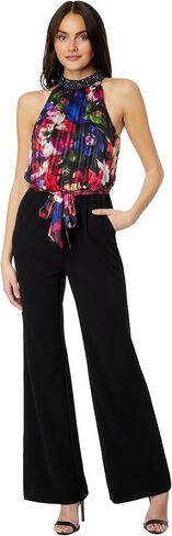 Adrianna Papell Mock Neck Printed Floral Halter Jumpsuit with Solid Black Bottom Black Multi 2 in Kuwait