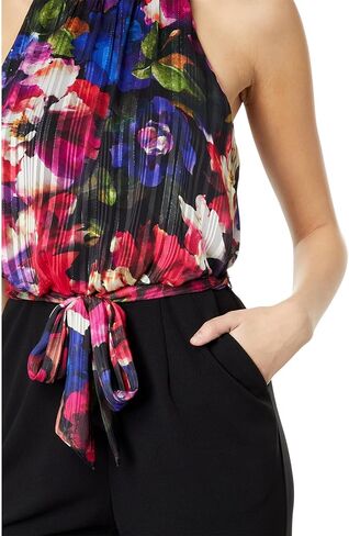 Adrianna Papell Mock Neck Printed Floral Halter Jumpsuit with Solid Black Bottom Black Multi 2 in Kuwait