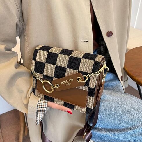حقيبة كروس صغيرة للنساء، حقيبة كتف على شكل شطرنج، حقيبة سلسلة عتيقة، محفظة هوبو كلاسيكية in Kuwait