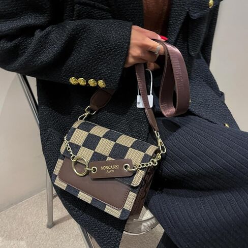 حقيبة كروس صغيرة للنساء، حقيبة كتف على شكل شطرنج، حقيبة سلسلة عتيقة، محفظة هوبو كلاسيكية in Kuwait