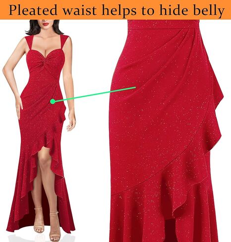 VFSHOW Womens Glitter Sweetheart V Neck Twist Front Backless Ruched Ruffle Slit Formal Evening Gown Maxi Dress in Kuwait