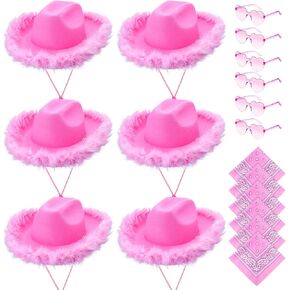 libfrnt 18 Pack Pink Cowgirl Hat Set, Includes 6 Pink Cowboy Hat with Fluffy Feathers, 6 Paisley Bandana and 6 Heart Glasses for Women Girls Birthday Bachelorette Wedding Christmas Dress Up Party in Kuwait
