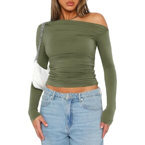 LOMON Women Off The Shoulder Long Sleeve Going Out Crop Tops Sexy Tee Shirt Spring Ruched Y2K Clothes