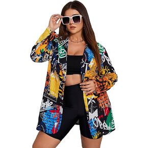 WDIRARA Women's Plus Size Lapel Collar Open Front Graffiti Graphic Button Blazer Jacket