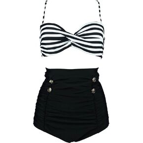 COCOSHIP Retro Polka Dot Twisted Front High Waisted Bikini Set Tie Belt Vintage Ruched Swimsuit(FBA)