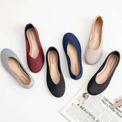 حذاء مسطح نسائي واسع العرض من Ataiwee - حذاء باليه مسطح واسع من الجلد السويدي مستدير ناعم ومضاد للانزلاق وجيد التهوية. in Kuwait