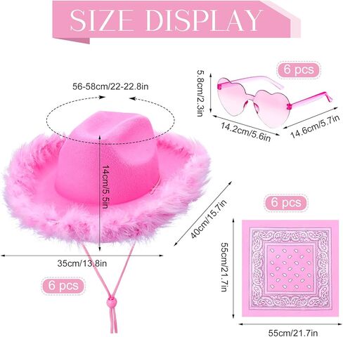 libfrnt 18 Pack Pink Cowgirl Hat Set, Includes 6 Pink Cowboy Hat with Fluffy Feathers, 6 Paisley Bandana and 6 Heart Glasses for Women Girls Birthday Bachelorette Wedding Christmas Dress Up Party in Kuwait