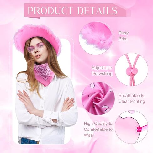 libfrnt 18 Pack Pink Cowgirl Hat Set, Includes 6 Pink Cowboy Hat with Fluffy Feathers, 6 Paisley Bandana and 6 Heart Glasses for Women Girls Birthday Bachelorette Wedding Christmas Dress Up Party in Kuwait