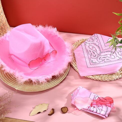 libfrnt 18 Pack Pink Cowgirl Hat Set, Includes 6 Pink Cowboy Hat with Fluffy Feathers, 6 Paisley Bandana and 6 Heart Glasses for Women Girls Birthday Bachelorette Wedding Christmas Dress Up Party in Kuwait