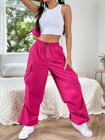 سراويل فضفاضة للسيدات من SweatyRocks ذات خصر مطاطي برباط كاجوال وجيب بغطاء قلاب in Kuwait