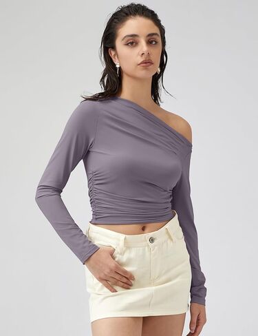 LOMON المرأة قبالة الكتف كم طويل الخروج المحاصيل القمم مثير تي شيرت الربيع Ruched Y2K الملابس in Kuwait