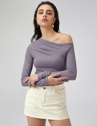 LOMON المرأة قبالة الكتف كم طويل الخروج المحاصيل القمم مثير تي شيرت الربيع Ruched Y2K الملابس in Kuwait