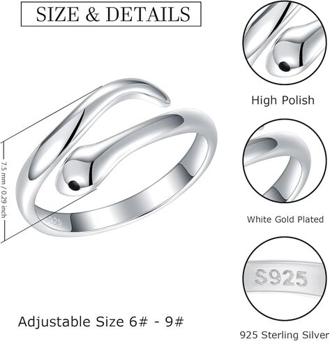 925-Sterling-Silver Snake Ring for Women - Open Adjustable Cobra Snake Rings,Plated with White Gold Cute Animal Toe Ring Fashion Jewelry in Kuwait