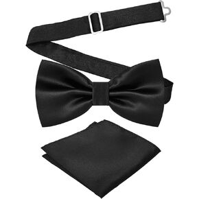 Adjustable Bowtie and Pocket Square Men Bowtie and Handkerchief Solid Color Double Fold Pre-Tied Bow Tie for Wedding Party