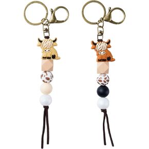 YOU WIZV Highland Cow Keychain, Cow Print Keychain Wristlet Gifts, Silicone Keychain Wristlet for Women Girl（Brown）