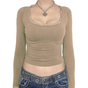 Women Y2K Long Sleeve Tops Shirt Fairy Crewneck Tight Vintage T-Shirts Casual Slim Fitted Girls Tees Streetwear