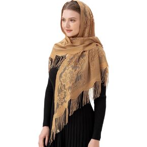 PAMOR Triangle Catholic Church Veil Chapel Veil Scarf Mantilla Veils Wrap Shawl Mass Head Covering with Fringe Trim in Kuwait