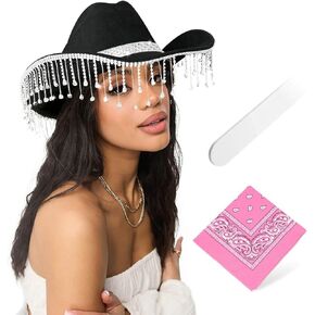 قبعة رعاة البقر باللون الأسود من حجر الراين للنساء وقبعة راعية البقر من حجر الراين ذات شراشيب لامعة وتغليف صندوق هدايا لراعية البقر ديسكو in Kuwait