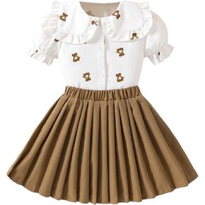 OYOANGLE Girl's 2 Pieces Outfits Graphic Print Short Puff Sleeve Button Down Blouse and Pleated Short Skirt Sets in Saudi Arabia