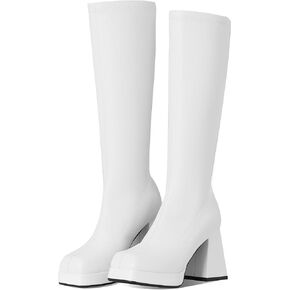 Kalstage Knee High Boots for Women Square Toe Chunky High Heels Leather Strtetch GoGo Boots Side Zipper Mid Calf Boots Platform Boots