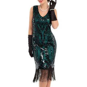 kayamiya Women's Flapper Dresses 1920s Sequin Fringed Paisley V Neck Great Gatsby Dress Roaring 20s Costumes