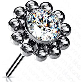 Amelia Fashion Implant Grade Titanium Threadless Push In Flower Tops with Center CZ and Surrounding Ball Cluster 14ga-20ga (Choose Color)