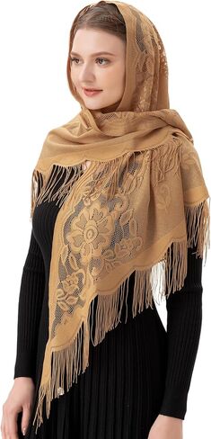 PAMOR Triangle Catholic Church Veil Chapel Veil Scarf Mantilla Veils Wrap Shawl Mass Head Covering with Fringe Trim in Saudi Arabia